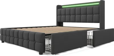 Produktbild von Polsterbett 140x200cm Doppelbett (Ohne Matratze) Stauraumbett Grau Leinen Mit USB Ladefunktion und LED-Beleuchtung und 4 Schubladen
