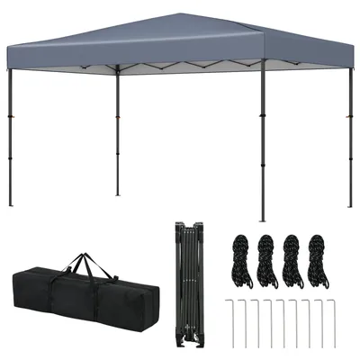 A pop-up canopy tent and its accessories are displayed against a white background.