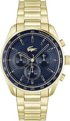 Produktbild von Lacoste Boston Chronograph Herren Armbanduhr Uhr Quarz Uhrwerk in Gold farben mit blauen Ziffernblatt