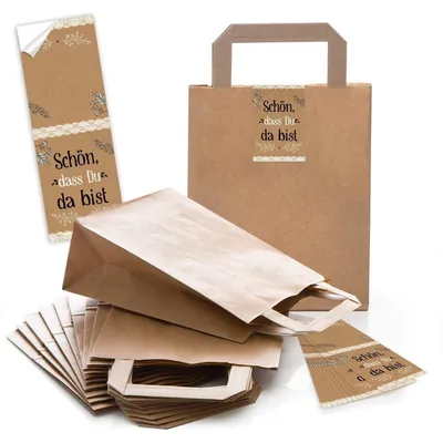 Produktbild von Logbuch-Verlag 10 Henkteltaschen aus Kraftpapier braun + 10 Vintage Aufkleber grün beschriftbar Gastgeschenk Mitgebsel Geschenktüte Hochzeit Vintagedeko natürlichSchön, dass du da bist / 25 Stück