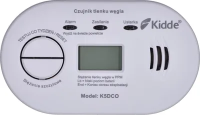 A white carbon monoxide detector with a digital display and buttons.