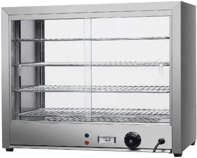 Zdjęcie produktu dla Podgrzewacz do żywności 4 półki ze stali nierdzewnej 800W Podgrzewacz do żywności Podgrzewacz do żywności dla stołówek piekarni Regulowana temperatura 30-85°C Gablota podgrzewająca