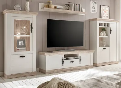 Produktbild von Wohnwand "Rovola" Pinie weiß / Oslo Pinie Landhaus Schrankwand 4-teilig 352 cm