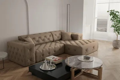 Productafbeelding van Designbank CHANTAL, hoekbank, bekleding: stof Opera Velvet, kleur: taupe, met ottoman aan de rechterkant