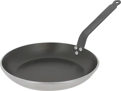 A de BUYER CHOC RESTO frying pan with a black interior and a gray handle, shown against a white background.
