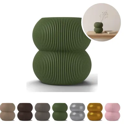 Image de Vase décoratif Bubble 14,3 cm, strié en PLA, deux sphères sur pied annulaire – Vert olive