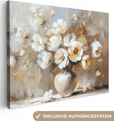 Produktbild von MuchoWow® - Leinwandbilder - Vase - Blumen - Kunst - Gold, Wandbild, Wanddeko Bilder Wohnzimmer, 120x90cm