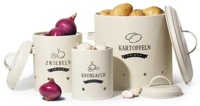 Obrázek produktu pro Sada úložných nádob Theo&Cleo pro brambory, konvička na brambory v retro designu, konvička na cibuli, velká kovová nádoba na skladování, úložný systém do kuchyně, umožňuje dlouhodobé skladování brambor (béžová)
