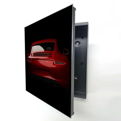 Produktbild von Schlüsselkasten Schwarz Metall, Porsche 911 Sportwagen Motiv hinter Glas, Moderne Schlüsselbox linksöffnend, 32x28x6,5 cm, 20 Haken für den Flur.