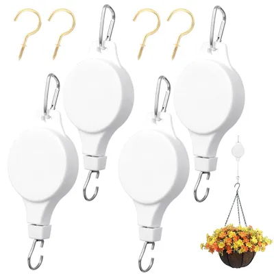 Produktbild von Ausziehbare Pflanzenhaken, weiß, Hängepflanzgefäßlift, Pflanzenrolle, Pflanzenheber, Seilzug, Haken für Blumenkästen, Pflanzen, Vogelhäuser, mit Deckenhaken