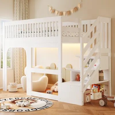 Produktbild von Flieks Etagenbett 90x200cm mit Led, Kinderbett Hausbett mit Tür und Fenster, Hochbett mit Treppe und Rausfallschutz, Stockbett mit Stauraum, Weiß