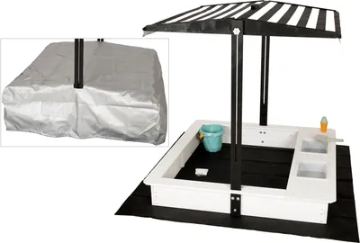 Produktbild von WONDERMAKE® Design Sandkasten mit Matschküche, Dach, Abdeckung OXFORD 420D, Vliesfolie, Sandkiste Holz quadratisch verschließbar Outdoor Garten