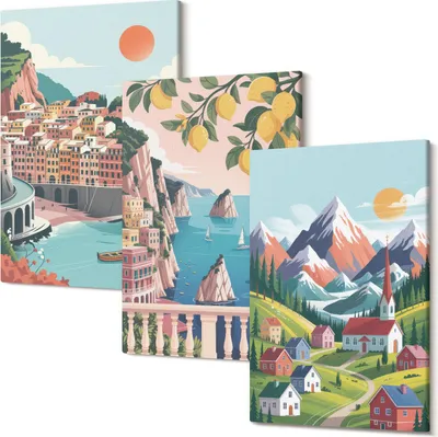 Produktbild von Leinwandbild – Wandbild – Leinwandbilder – Kunstdruck – Polycanvas – Modern – Mehrteilig – 3-Teilig Set – Hochwertig – Geruchslos – Lichtecht – Fertig Aufgespannt – 20x30 Cm Je Teil - Farbenfrohe Berglandschaften und Küstenstädte