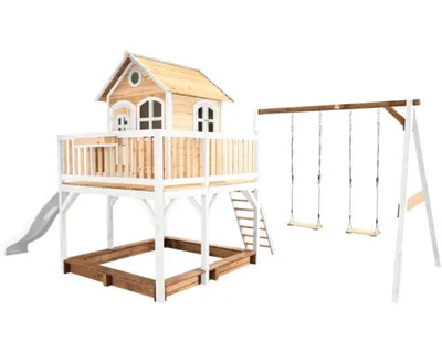 Produktbild von AXI Spielhaus Liam mit Sandkasten, Doppelschaukel & weißer Rutsche | Stelzenhaus XXL in Braun & Weiß aus Holz für Kinder | Spielturm mit