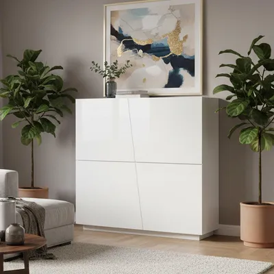 Produktbild von Kommode Dlorier, Küchen-Sideboard mit 4 Türen, Wohnzimmer-Buffet, 100% Italy, cm 120x43h126, glänzend weiß