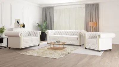 Produktbild von S-STYLE MÖBEL - Chesterfield Polstergarnitur 3+2+1 mit Schlaffunktion aus Weiß veganem Leder mit Holzfüßen - Area, B/T/H: 3er - 203 cm/86 cm/72 cm