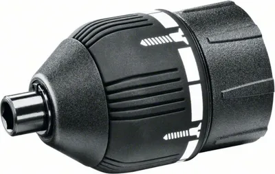 A close-up studio shot of a black torque adapter for a power tool.