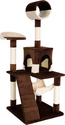 Immagine prodotto di tiragraffi lionto, elegante albero per gatti da 133 cm con copertura in peluche, robusti paletti in sisal e versatili aree di riposo, marrone/beige
