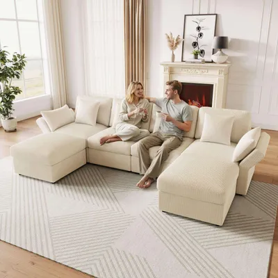 Immagine prodotto di Merax divano angolare a U 4-6 posti, con poggiapiedi, braccioli regolabili, divano moderno, divano, soggiorno, camera da letto, tessuto a coste, beige