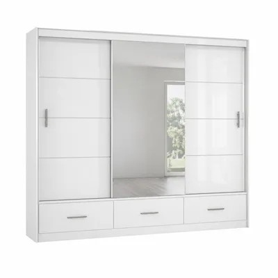 Produktbild von Schwebetürenschrank MARSEILLE 250 cm mit Spiegel & Schublade – Kleiderschrank Hochglanz modern Schlafzimmer (Weiss)