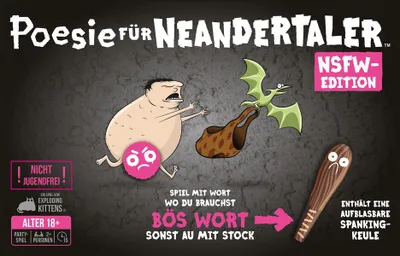 A cartoon illustration depicting a Neanderthal figure interacting with a small dragon and a club, with various text elements and age restrictions.