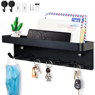 Schlüsselhalter mit Ablage, 6 Haken, selbstklebend, Metall, Schwarz
