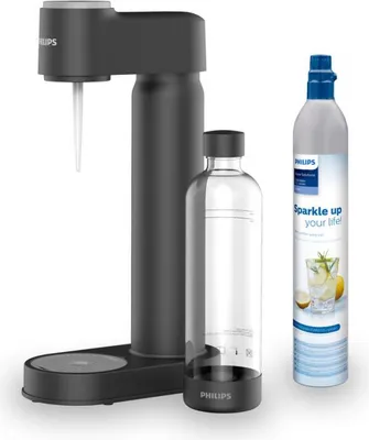 A Philips soda maker with a CO2 cartridge and a reusable bottle, displayed on a white background.