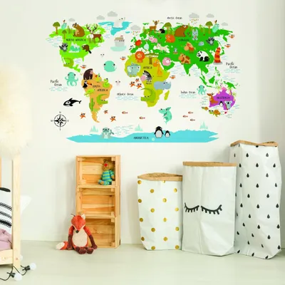 Produktbild von Decords Wandtattoo – Kinder-Weltkarte mit Ländern und Tieren, 460 x 310 cm
