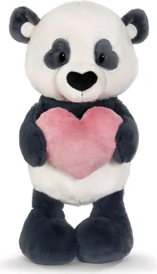 A plush panda toy holding a pink heart.