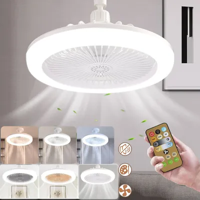 A collage of images showcasing a modern ceiling fan with integrated LED lighting, demonstrating various lighting colors and the included remote control.