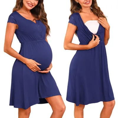 Immagine prodotto di Pigiama da notte per gravidanza in cotone - Ideale per l'allattamento - Design con bottoni - Fascia in vita elastica - Vestibilità ampia - Scollo a V - Camicia da notte per l'allattamento