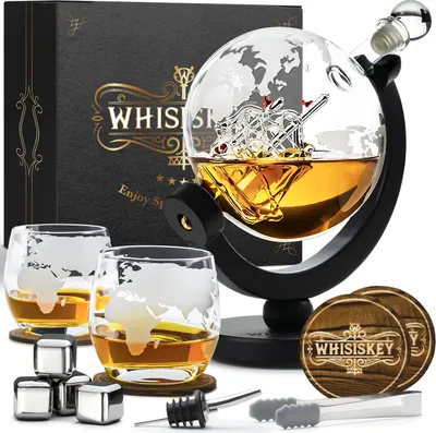 Produktbild von Whisiskey – Whisky Karaffe Set - Whiskey Geschenkset – Geschenke für Männer - Globus Dekanter 900ML, Whisky Gläser, Whiskey Steine, Zubehör
