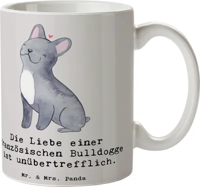 Produktbild von Mr. & Mrs. Panda Becher Französische Bulldogge Liebe - Grau Pastell - Geschenk, Hunderasse, Keramiktasse, Eigenschaften, Tasse, Kaffeebecher, Hunderassen, bedingungslose