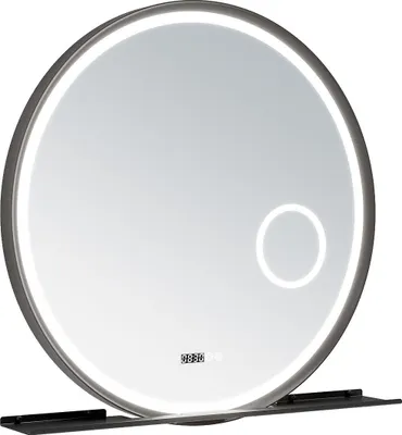 A round LED mirror with a built-in clock and a smaller illuminated circle, mounted on a black stand.