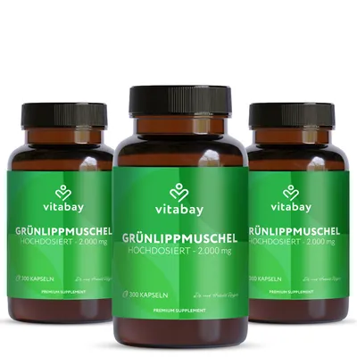 Produktbild von Vitabay Grünlippmuschelextrakt 2000mg Hochdosiert - 900 Grünlippmuschel Kapseln mit hoher Bioverfügbarkeit - Green lipped mussel capsules Labor & ohne unerwünschte Zusätze