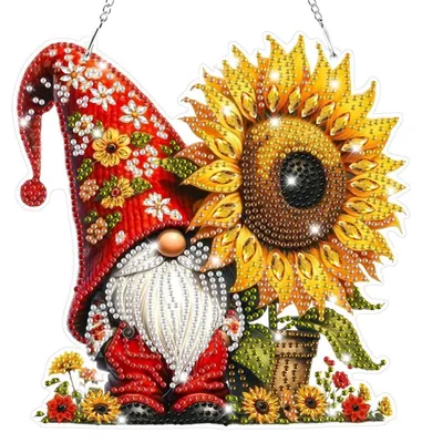 Immagine prodotto di Ciondolo "Diamond Painting" a forma di gnomo e girasole, kit per creare decorazioni per finestre, ideale per adulti e bambini