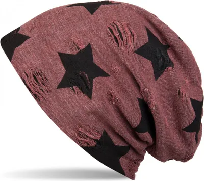 Produktbild von styleBREAKER Uni Stoff Beanie Mütze mit Sterne und Vintage Punkte Muster, mit Rissen im Destroyed used Look 04024046