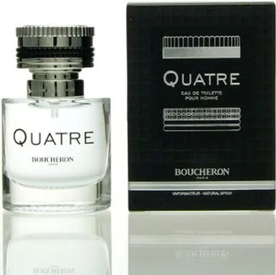 A bottle of Boucheron Quatre Pour Homme Eau de Toilette and its packaging are displayed side-by-side against a white background.