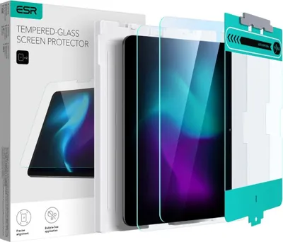 A product shot of an ESR iPad Pro screen protector packaging and the product itself.