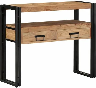 Produktbild von Konsolentisch aus Massivholz Akazie braun 90 x 33 x 75 cm mit Stahlrahmen, 2 Schubladen und Regal für Flur Wohnzimmer, Ablage und Stauraum im modernen Stil