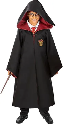 A child dressed as Harry Potter, wearing a Gryffindor robe and holding a wand.