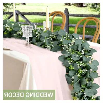 Produktbild von 2 Stück Eukalyptus-Girlande Deko 180 cm, Künstliche Blumengirlande mit weißen Blumen und Blättern für Hochzeits- und Partydekoration