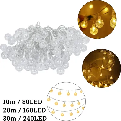 A collage of images showing string lights with clear crystal balls, some lit up in warm white, and text indicating product specifications.