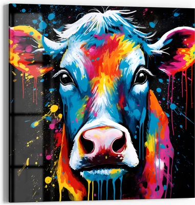 Produktbild von DEQOART Glasbild Echtglas 50x50 cm 'Kuh im Farbrausch' Wandbild Bild modern Deko