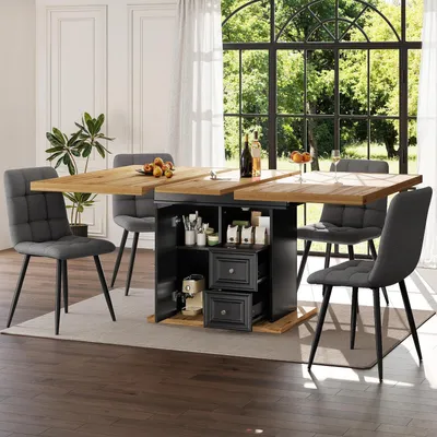 Immagine prodotto di Tavolo da pranzo allungabile con spazio contenitivo, dimensioni 110-140x80x75 cm, finitura legno e nero