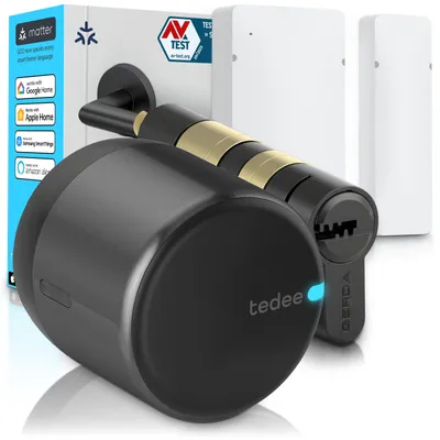 Produktbild von Tedee GO2 Alu Smart Lock Set mit Türsensor und EXXO Zylinder – Elektronisches Türschloss, Klasse 6, Auto-Lock nur bei geschlossener Tür, Matter