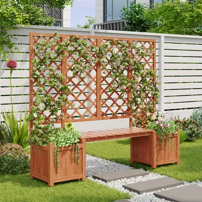 A wooden bench with a trellis and planters in a garden setting.