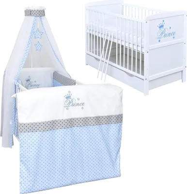 Produktbild von Baby-Delux Babybett Kinderbett Gitterbett Natalie Prince 140×70 inkl. Beißschienen Schublade mit 10-tlg Bettwäsche Set Prince Stars