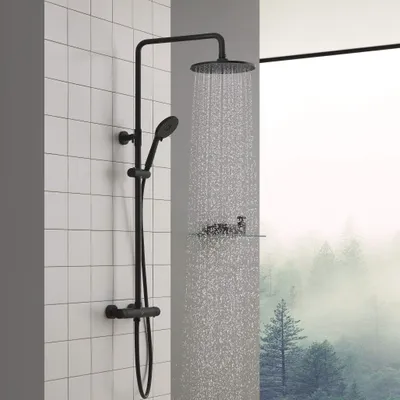 Produktbild von CECIPA Schwarz Thermostat-Duschsäulen-Rundduschset mit thermostatischem Wasserhahn, Duschsystem, höhenverstellbares Regenduschset