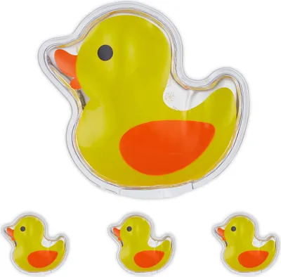 Produktbild von Relaxdays Kühlpads Kinder, 4er Set, Kalt Warm Kompresse, Ente, H x B: 9,5 x 10,5 cm, Kühlkissen Gel, Mini Kühlpack, gelb
